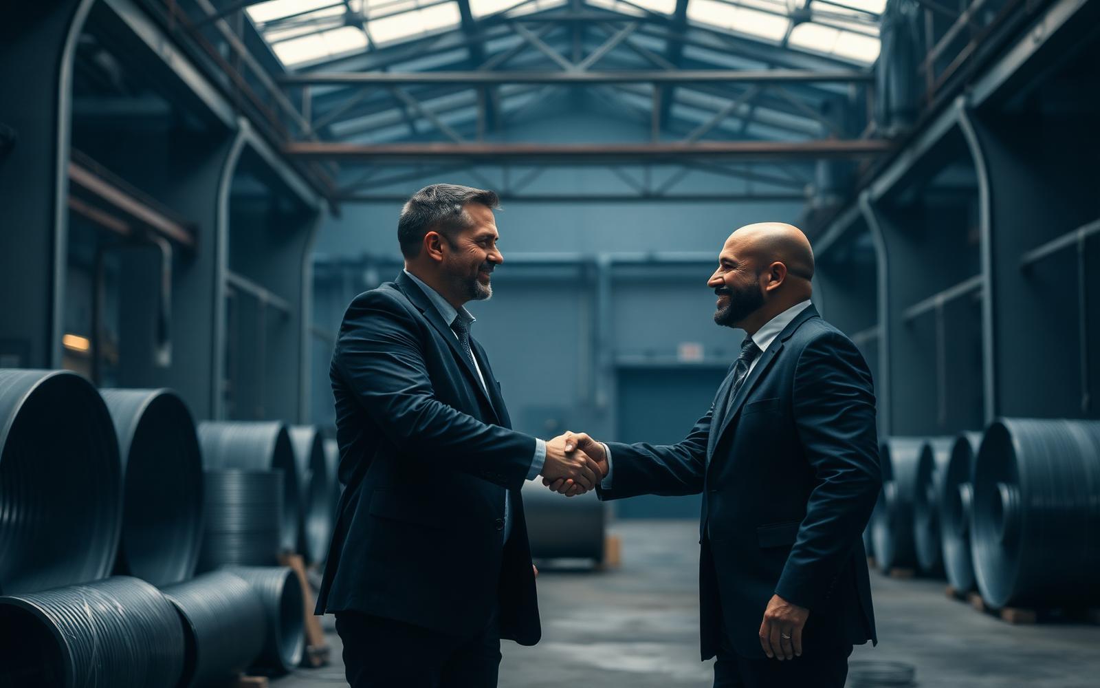 Handshake between buyer and supplier in a stainless steel warehouse